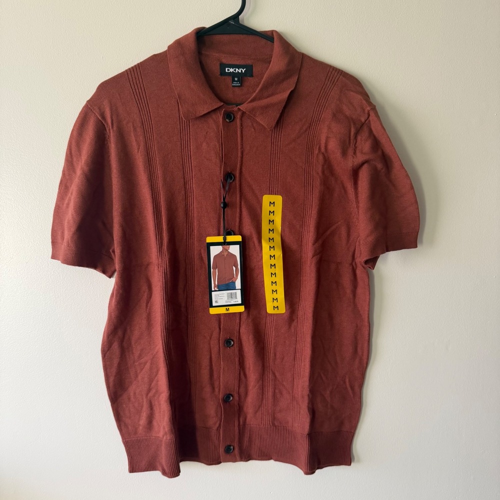 DKNY Mens Button Front Sweater Short Sleeve Knit Polo Orange Brown M NEW